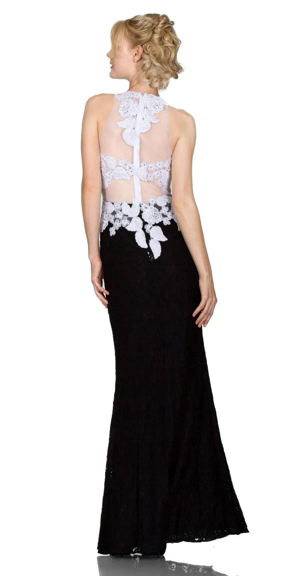 Cinderella Divine 1586 Halter Lace Appliques Mock Two-Piece Gown