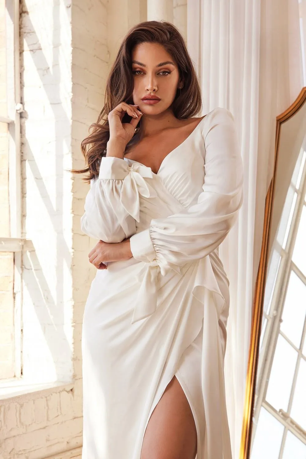 Cinderella Divine 7478W Long Sleeve Satin Bridal Gown