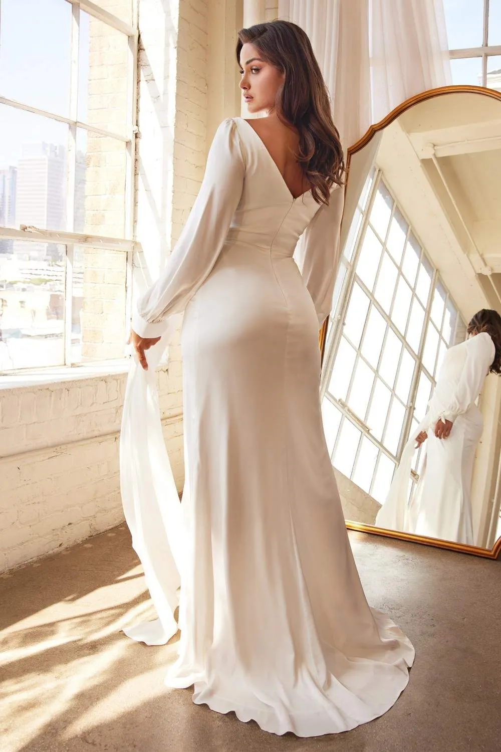Cinderella Divine 7478W Long Sleeve Satin Bridal Gown
