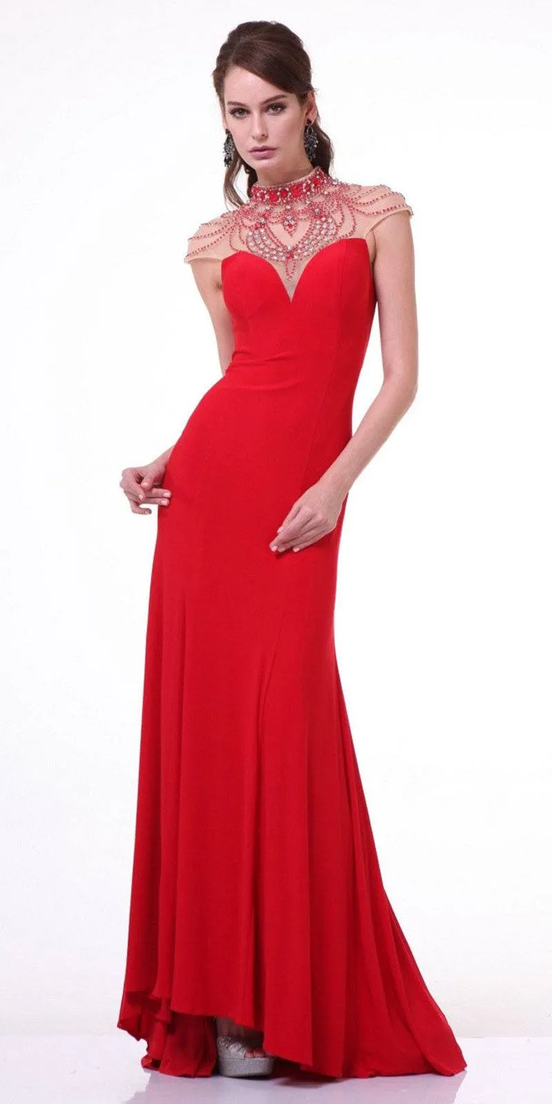 Cinderella Divine 8105 Beaded High Neck Cap Sleeves Fitted Gown