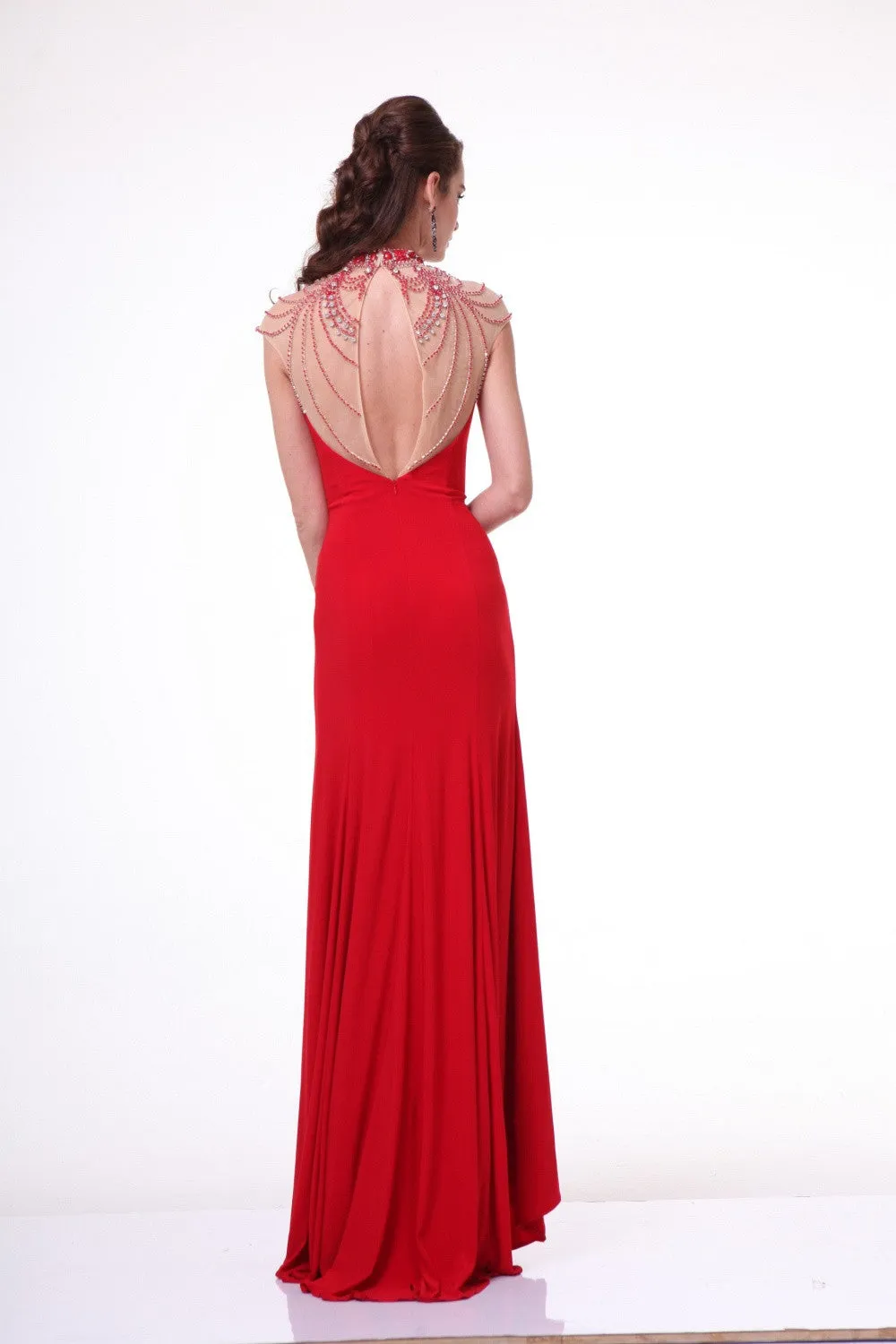 Cinderella Divine 8105 Beaded High Neck Cap Sleeves Fitted Gown