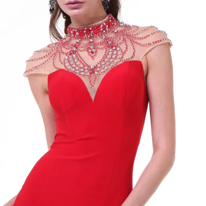Cinderella Divine 8105 Beaded High Neck Cap Sleeves Fitted Gown