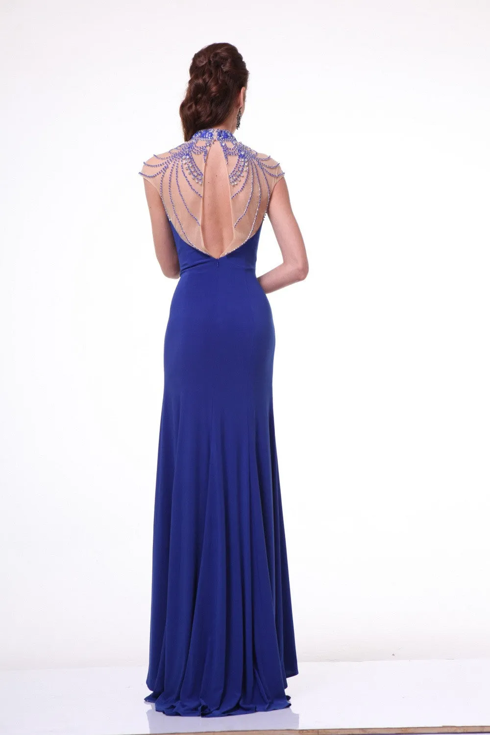 Cinderella Divine 8105 Beaded High Neck Cap Sleeves Fitted Gown