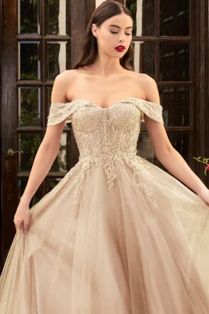 Cinderella Divine CD961 Long Lace Off the Shoulder A-Line Dress