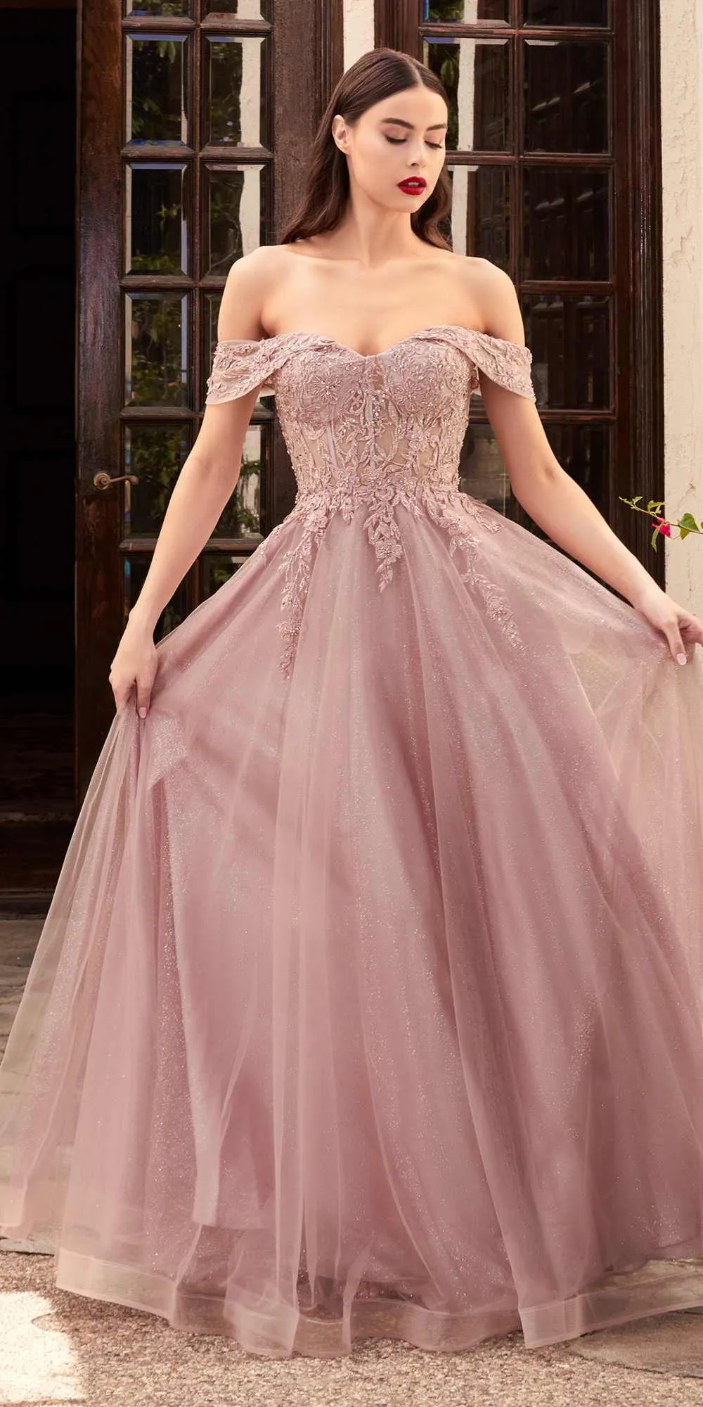 Cinderella Divine CD961 Long Lace Off the Shoulder A-Line Dress