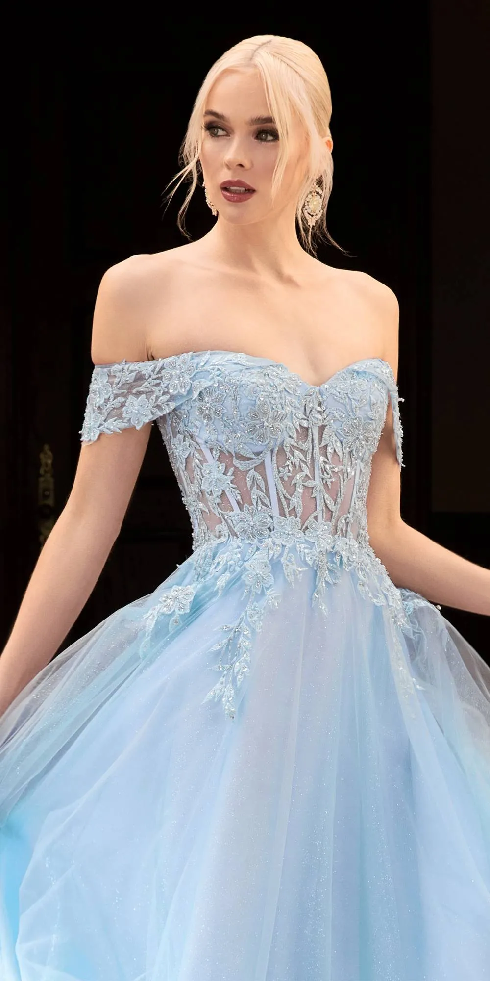 Cinderella Divine CD961 Long Lace Off the Shoulder A-Line Dress