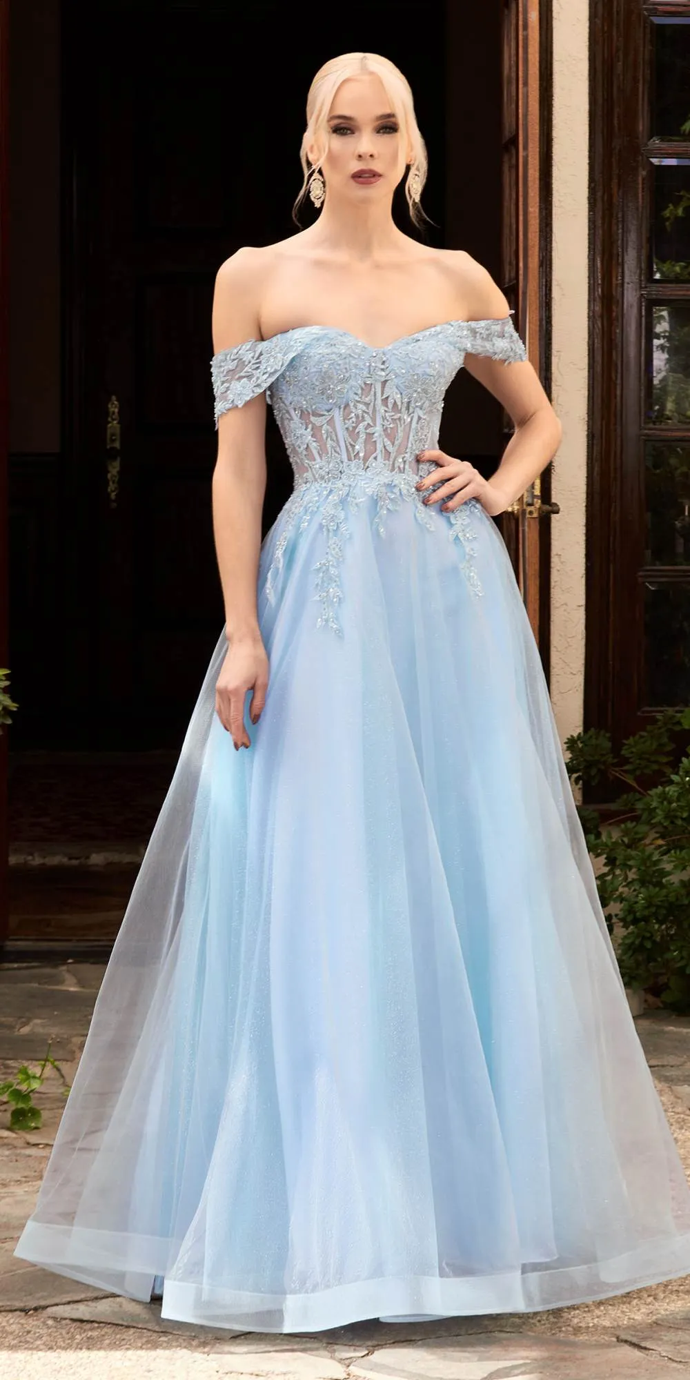 Cinderella Divine CD961 Long Lace Off the Shoulder A-Line Dress