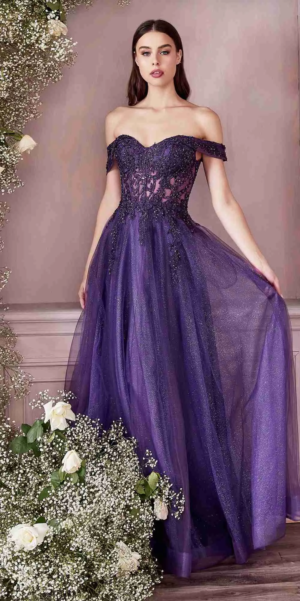 Cinderella Divine CD961 Long Lace Off the Shoulder A-Line Dress
