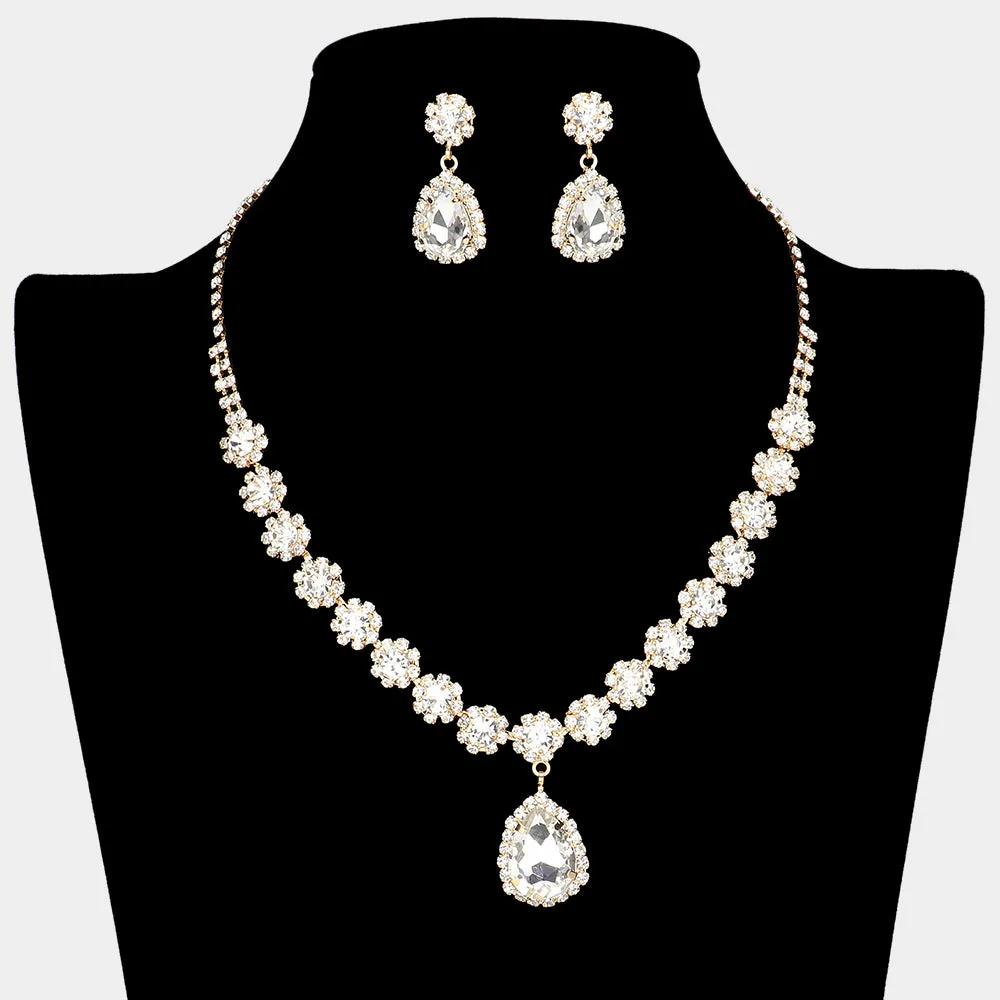 Clear Teardrop and Round Stone Prom Necklace Set on Gold| Special Event Crystal Necklace Set on Gold |  638896