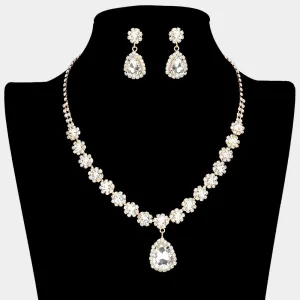 Clear Teardrop and Round Stone Prom Necklace Set on Gold| Special Event Crystal Necklace Set on Gold |  638896