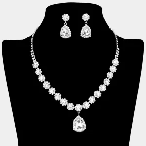 Clear Teardrop and Round Stone Prom Necklace Set on Silver | Special Event Crystal Necklace Set on Silver |  638887