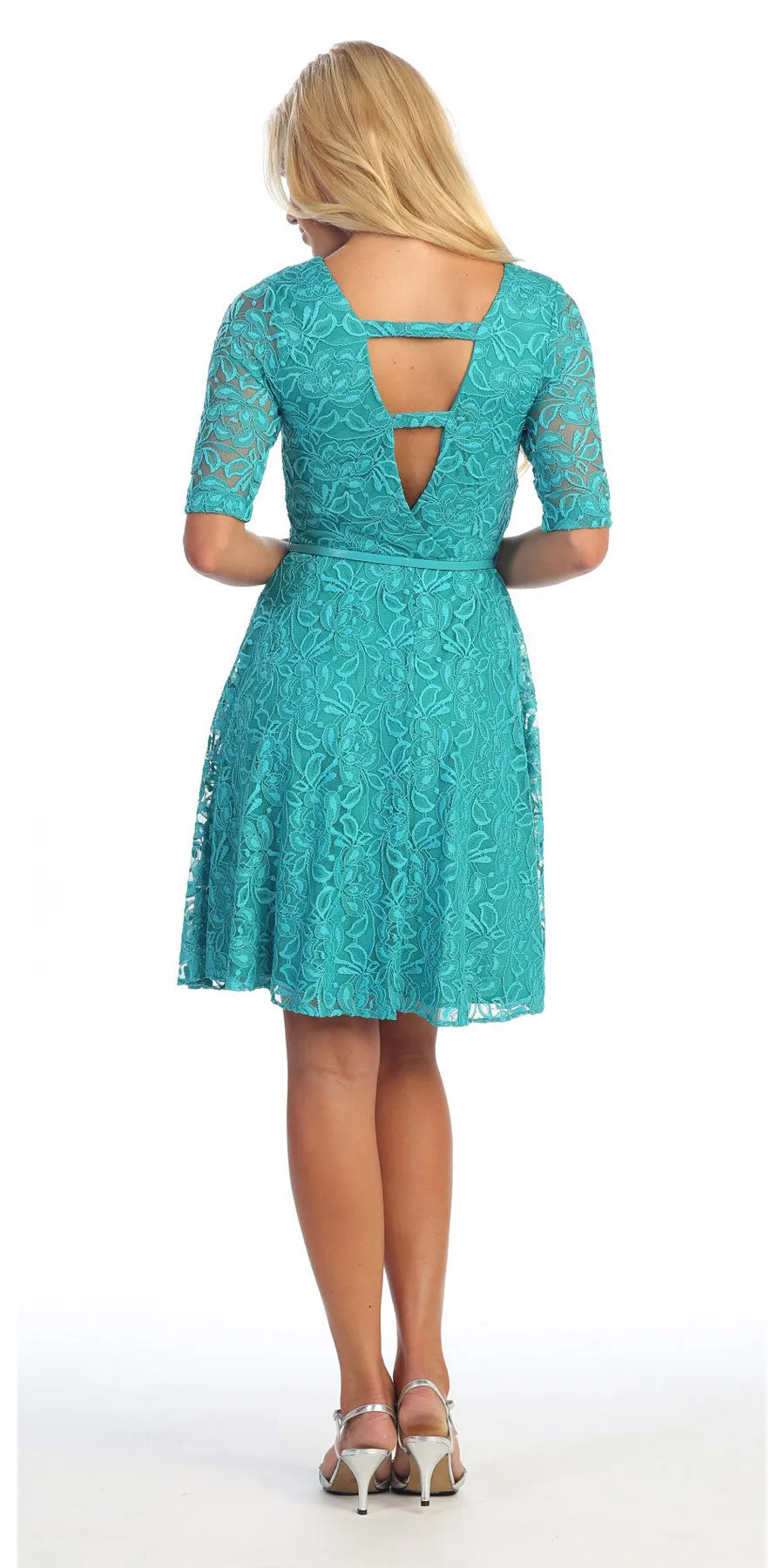 CLEARANCE - Celavie 2367 Burgundy Short Lace Dress Mid Sleeves (Size S)