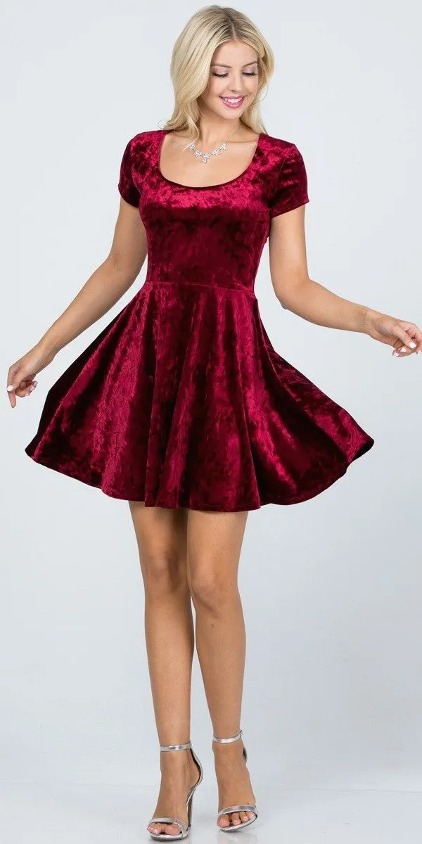 CLEARANCE - La Scala 25821 Crushed Velvet Short Sleeve Red Skater Dress (Size XL)
