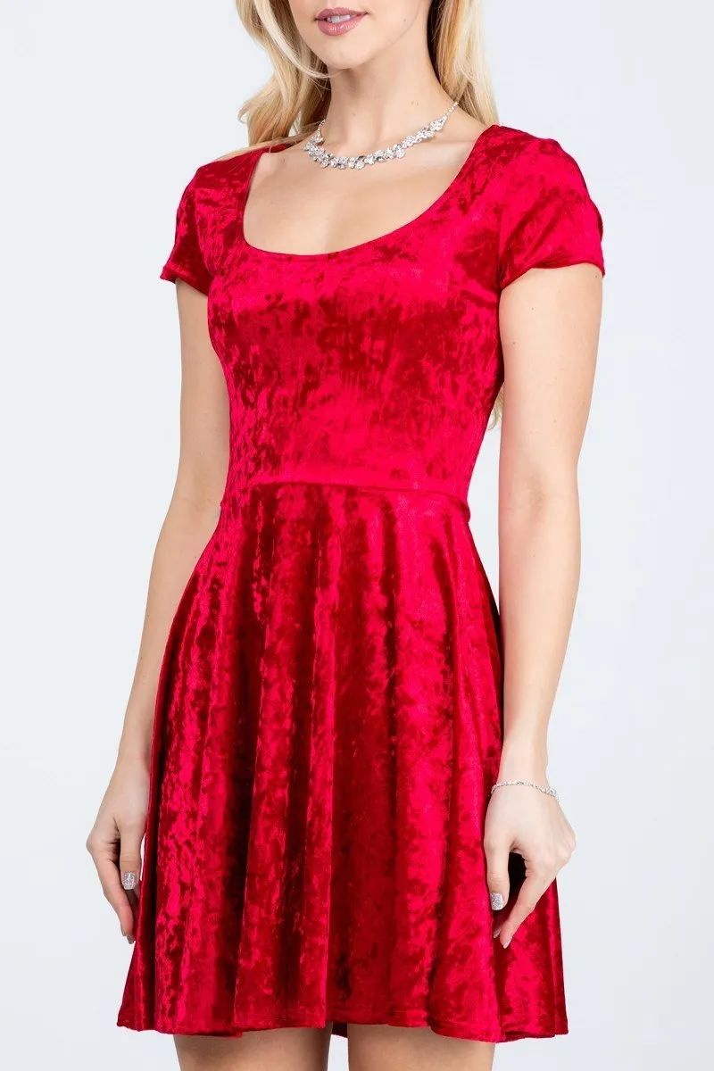 CLEARANCE - La Scala 25821 Crushed Velvet Short Sleeve Red Skater Dress (Size XL)