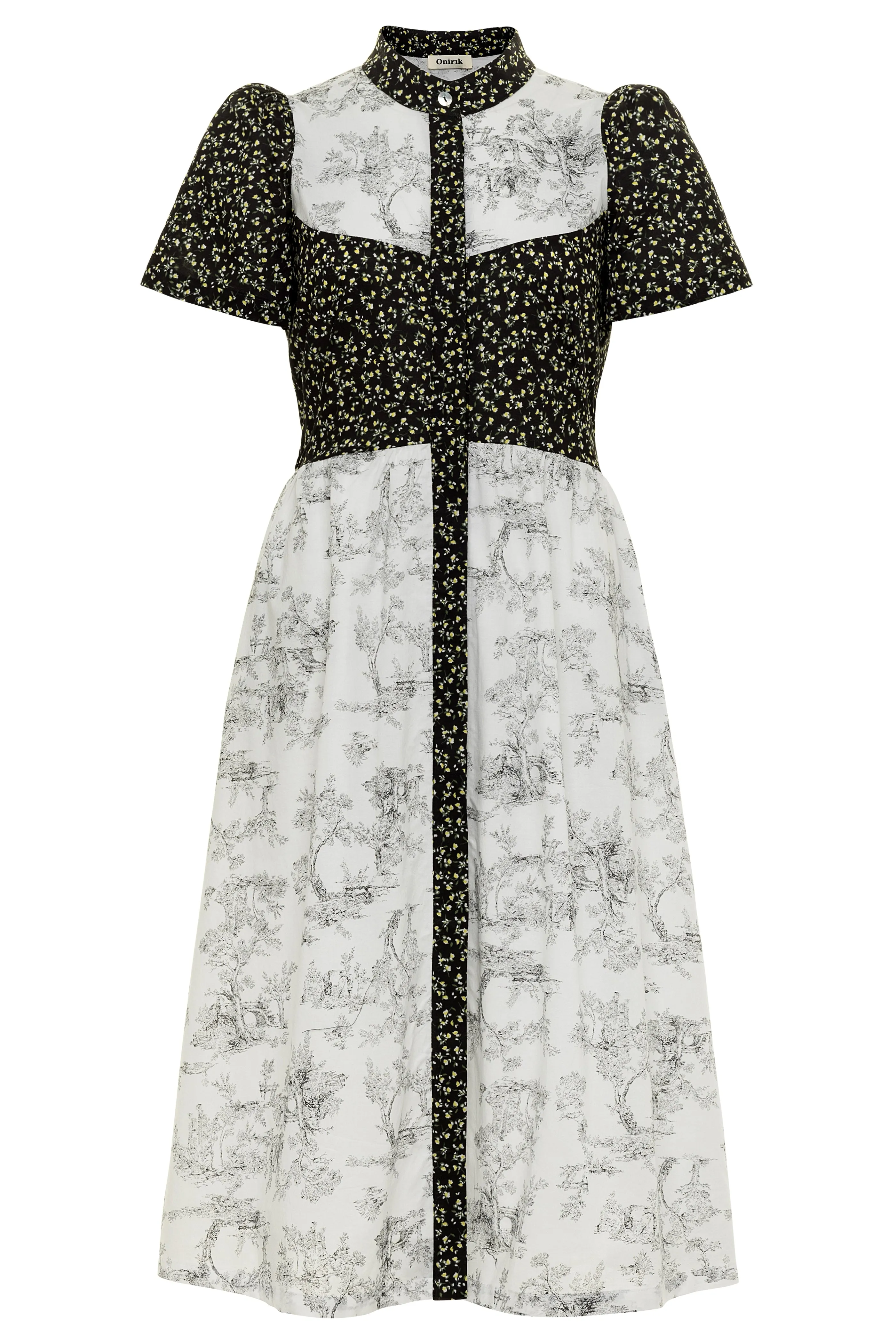 Clover Shirt Dress / Black Mini Floral   Vintage White Toile Print Cotton Voile