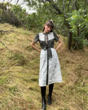 Clover Shirt Dress / Black Mini Floral   Vintage White Toile Print Cotton Voile
