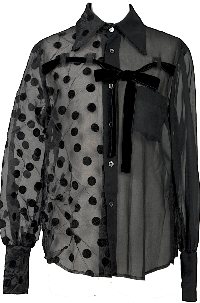 COMME des GARCONS JAPAN. TRICOT. Black Flocky Dot Switching Semi-Sheer Shirt