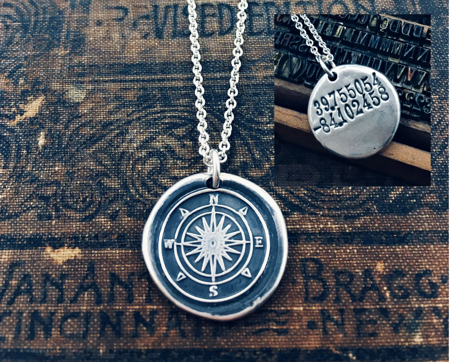 Compass Coordinates Wax Seal Necklace