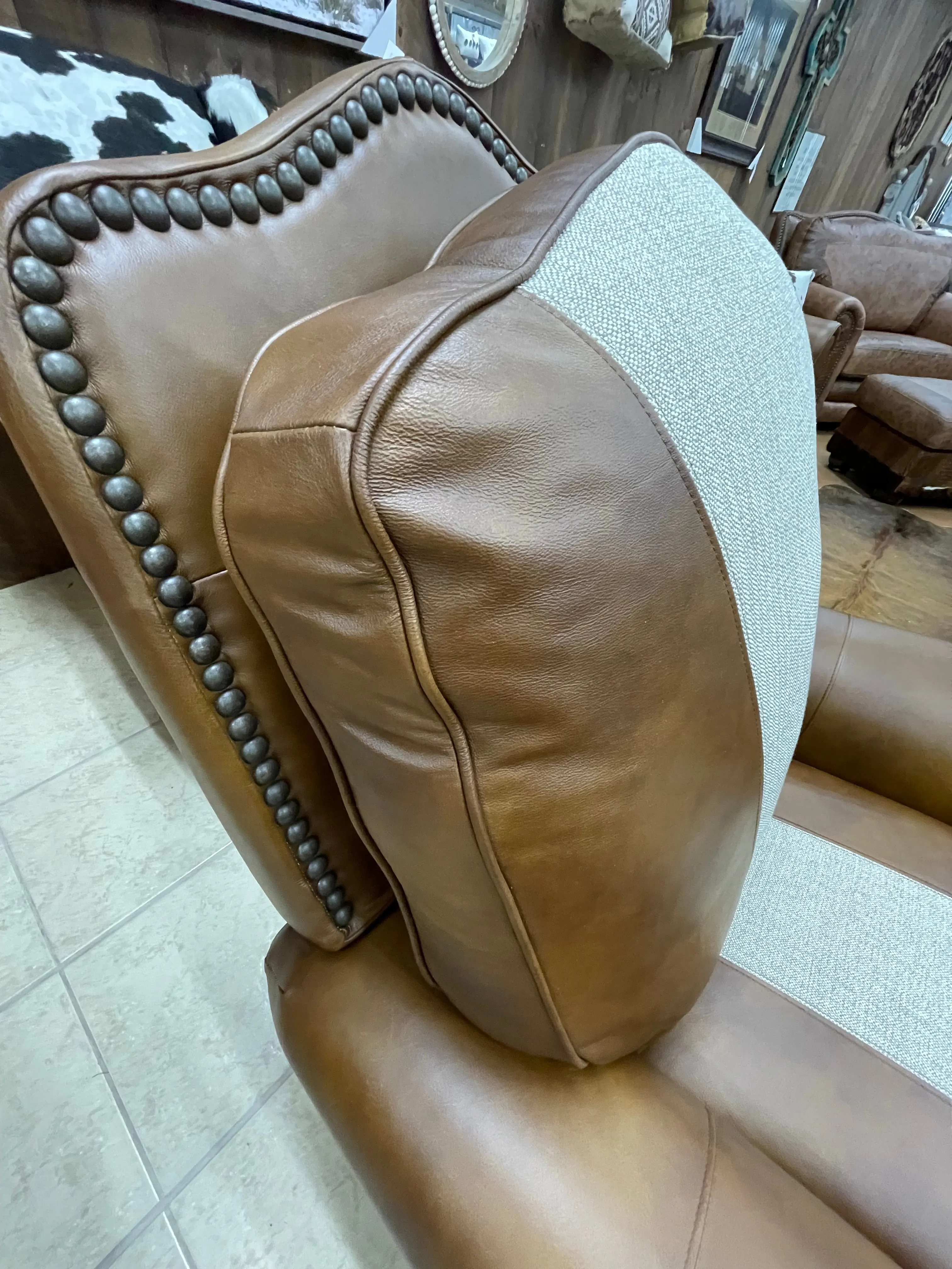 Custom Republic Rocker Swivel Recliner in Monaco Honey Leather & Fabric