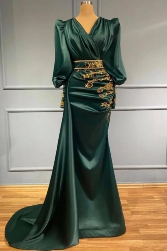 Dark Green Long Evening Dresses Prom dresses with sleeves