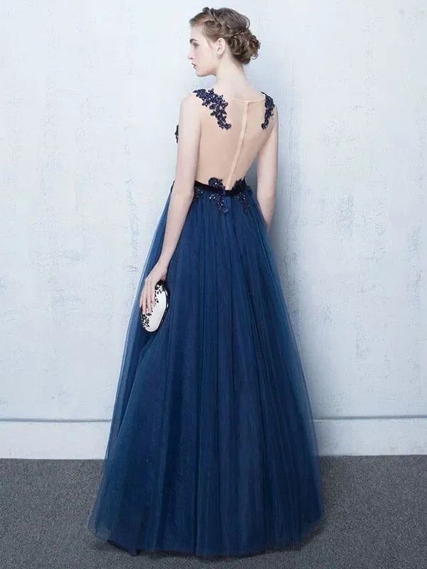 Dark Navy Prom Dresses Long Tulle Evening Dress Lace Illusion Floor Length Formal Dress