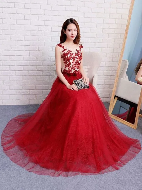 Dark Navy Prom Dresses Long Tulle Evening Dress Lace Illusion Floor Length Formal Dress