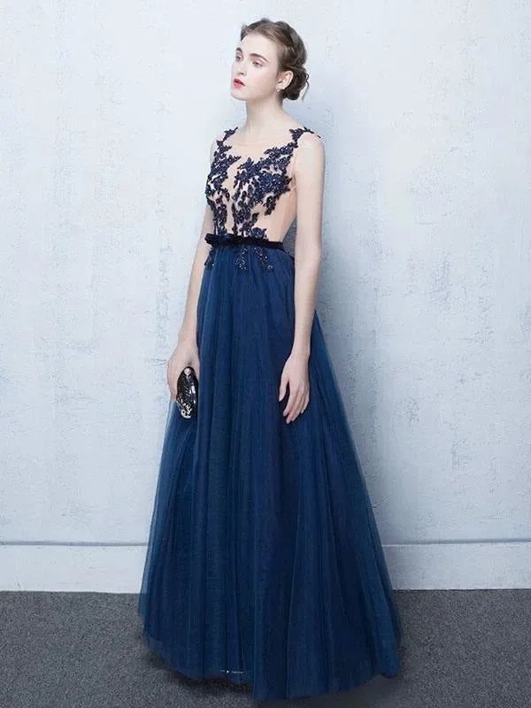 Dark Navy Prom Dresses Long Tulle Evening Dress Lace Illusion Floor Length Formal Dress