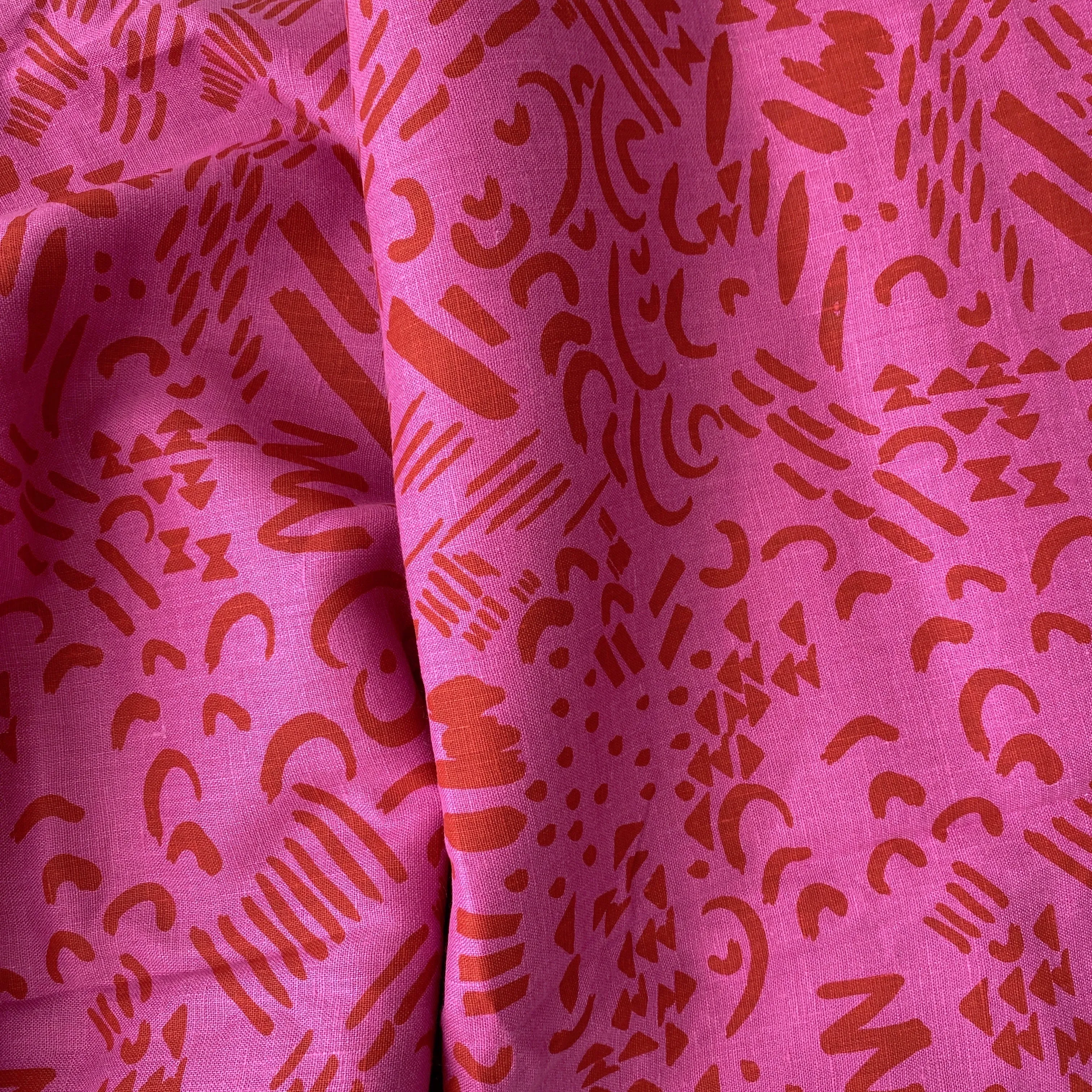 Dashes & Moons in Brick on Fuchsia - 100% linen - FABRIC BY THE YARD