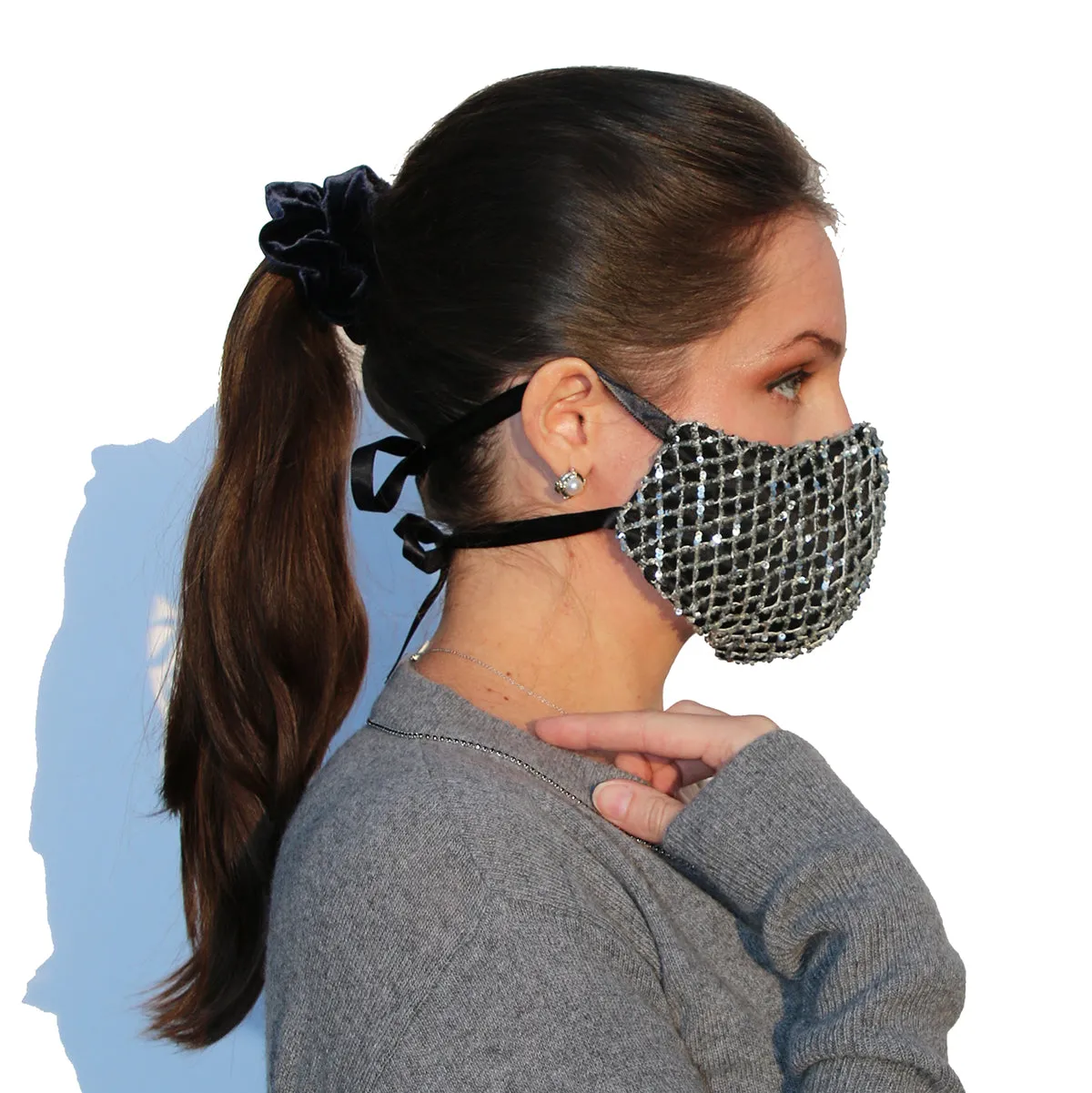 Diamond Sequin Washable Face Mask with Ribbon Ties