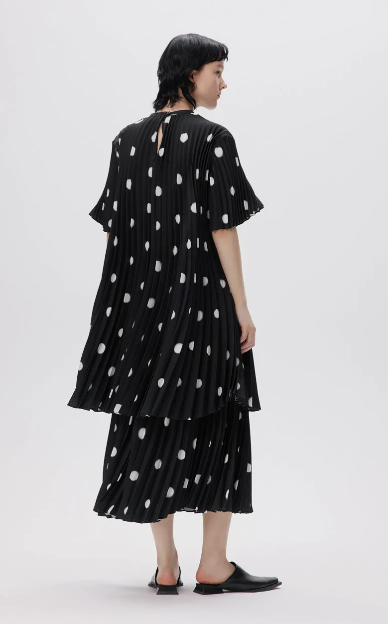 Dress / JNBY Vintage Polka Dot Print Pleated Round Neck Short Sleeve Dress