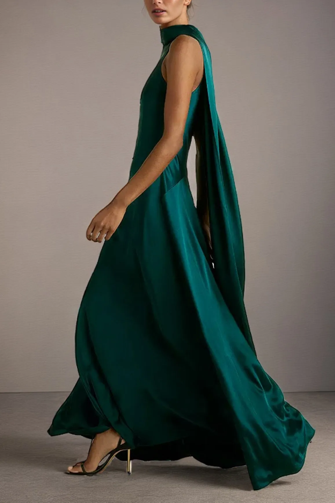 Elastic Satin Minimalist Sleeveless Peacock Long Prom Dress