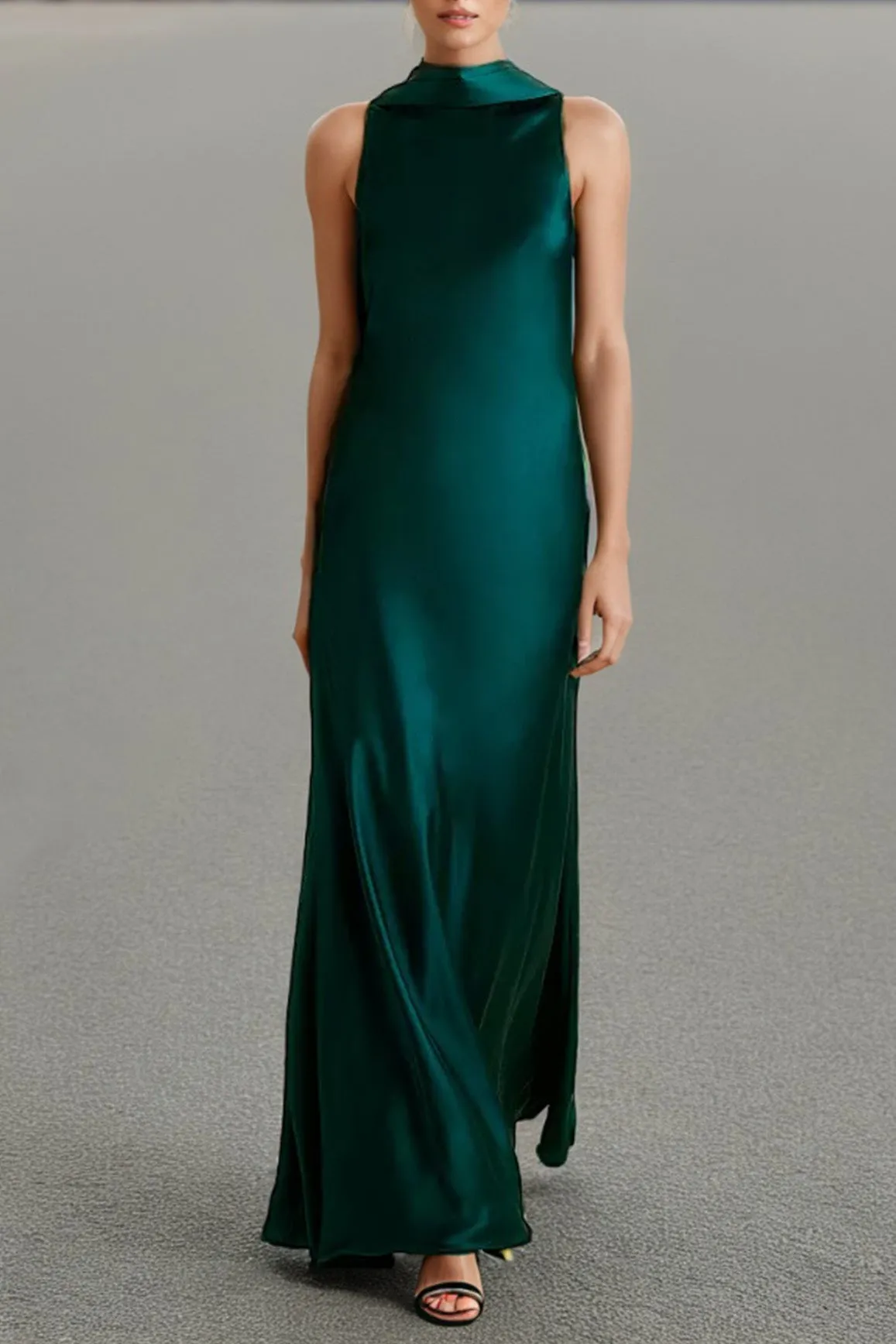 Elastic Satin Minimalist Sleeveless Peacock Long Prom Dress