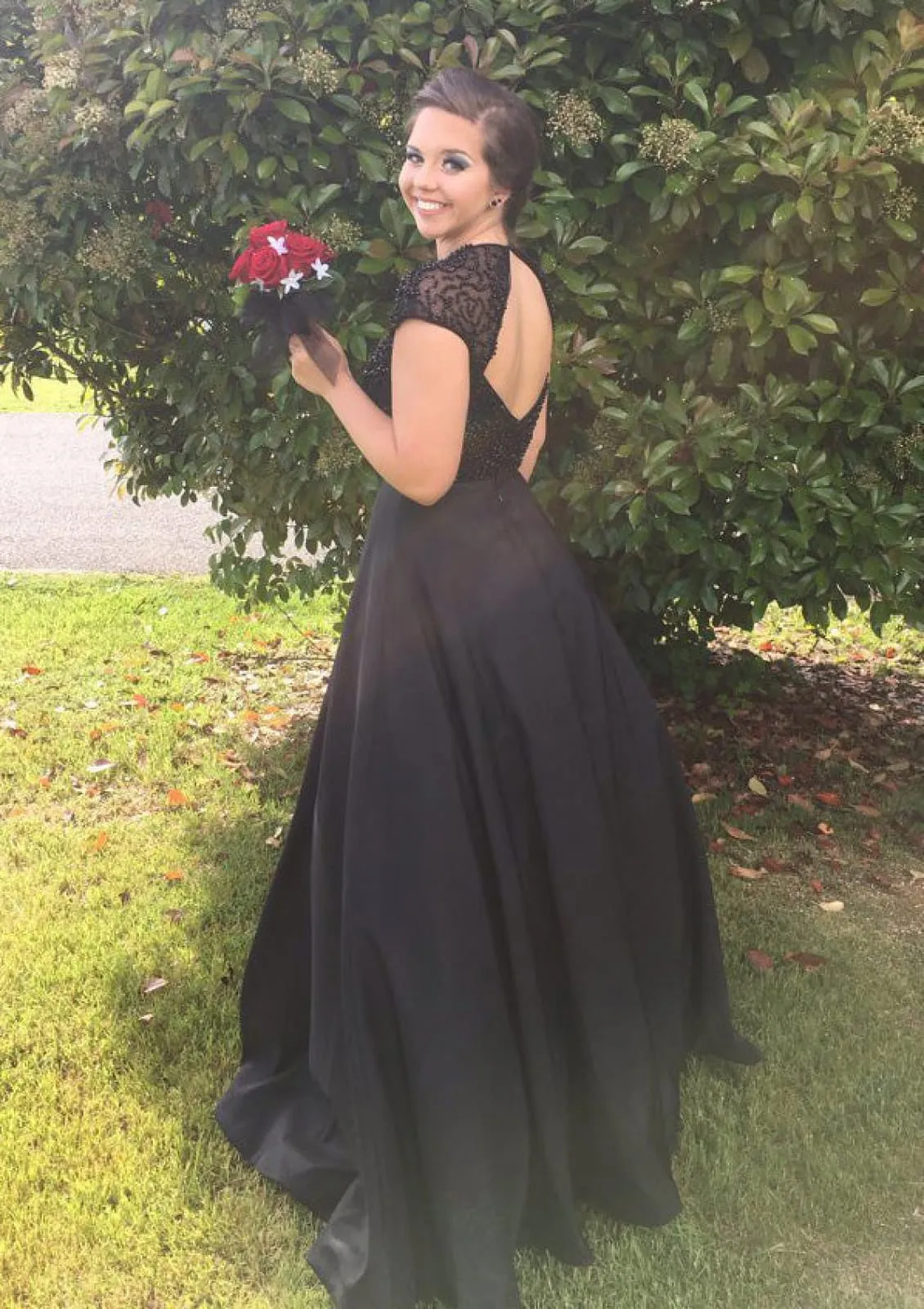 Elastic Satin Prom Dress Black A-Line Floor Length Cap Sleeve Cut-out Beading