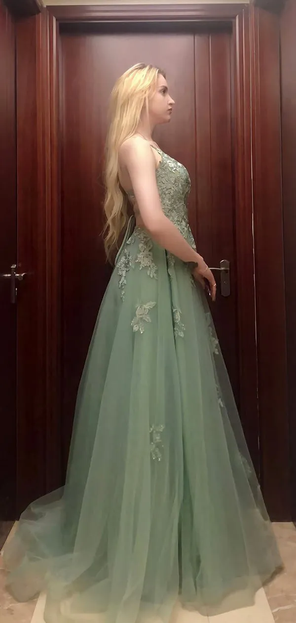 Elegant Green Spaghetti Strap A-Line V Neck Appliques Lace Up Back Long Prom Dresses,WGP439