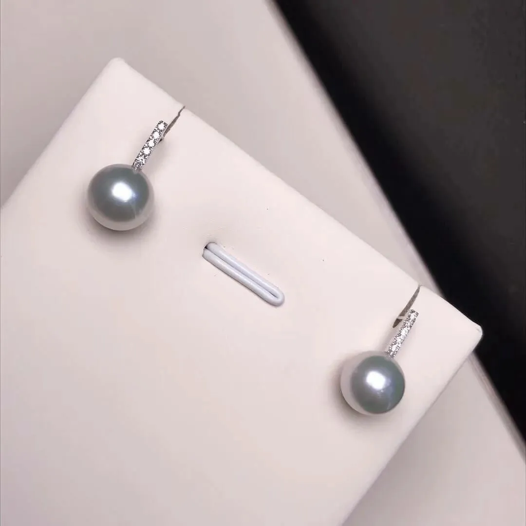 Enchantment 8.5-9.0 mm Silver-Blue Akoya Pearl Earrings in 18K Gold with Diamonds