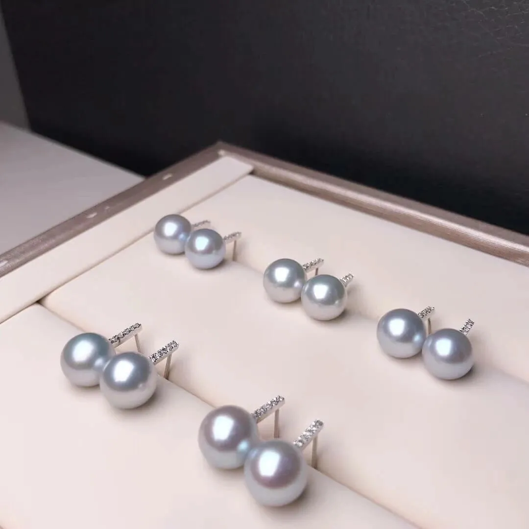 Enchantment 8.5-9.0 mm Silver-Blue Akoya Pearl Earrings in 18K Gold with Diamonds