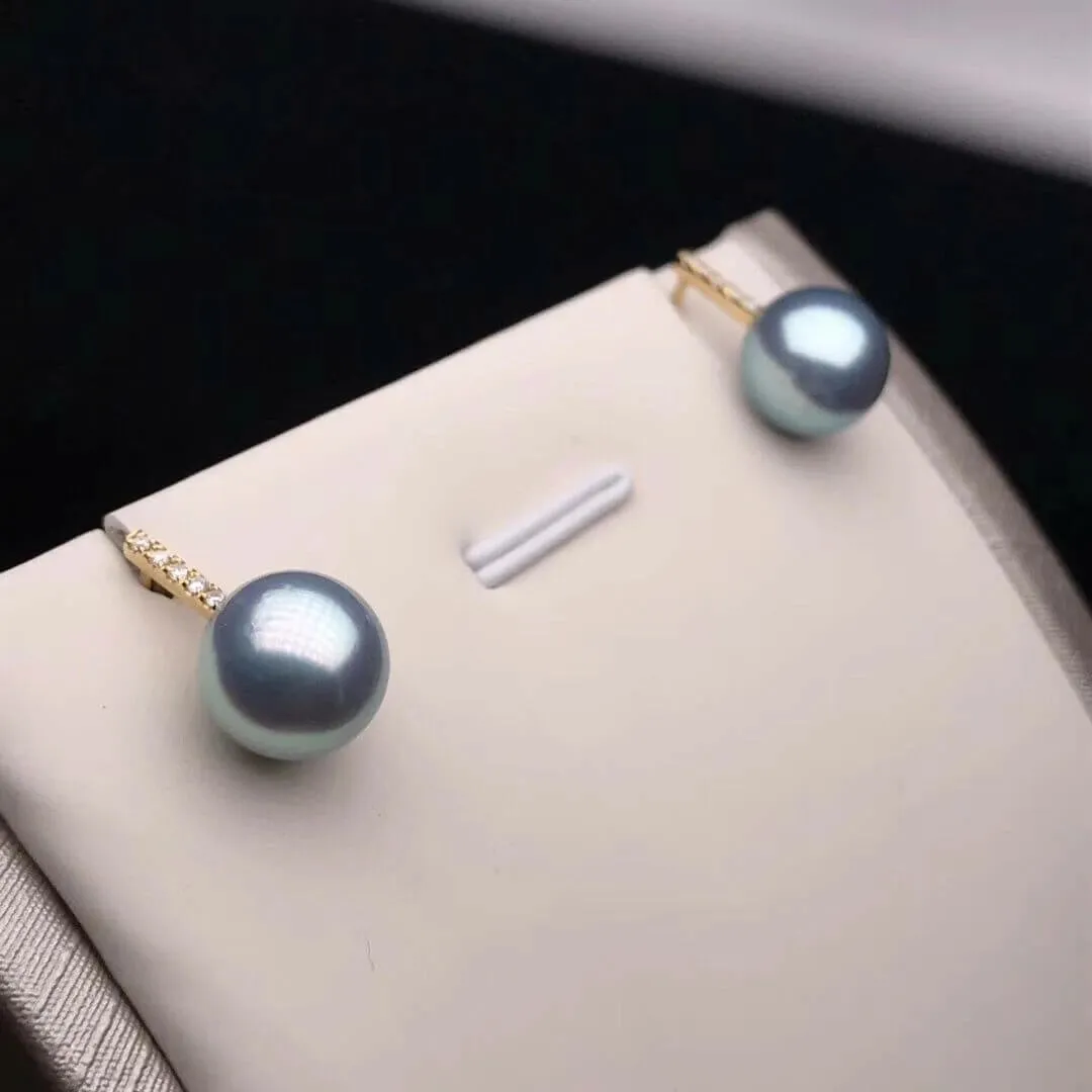 Enchantment 9.0-9.5 mm Silver-Blue Akoya Pearl Earrings in 18K Gold with Diamonds