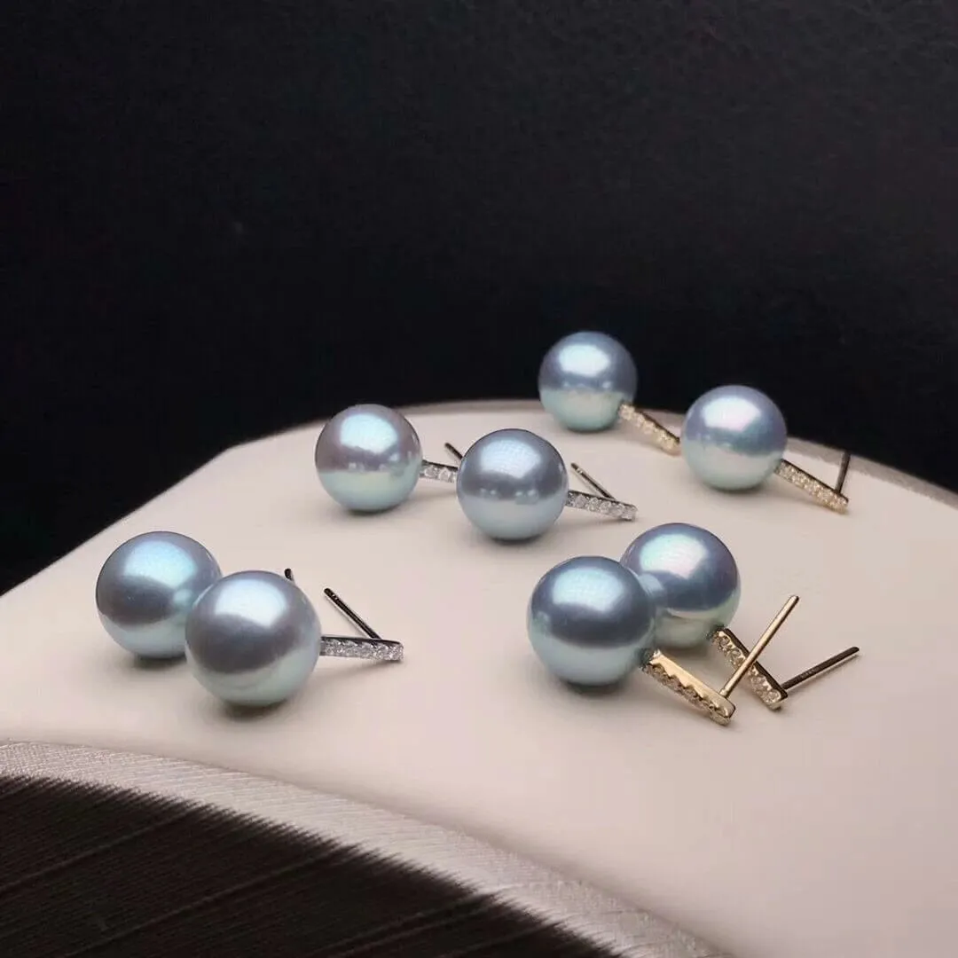 Enchantment 9.0-9.5 mm Silver-Blue Akoya Pearl Earrings in 18K Gold with Diamonds
