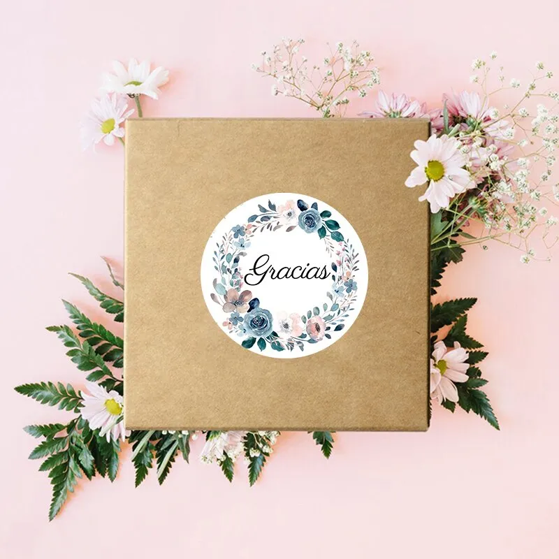Español Thank You Gracias Floral Frame Sticker Self-adhesive Seal Label Party Christmas Wedding Thanksgiving Sticker Decoration