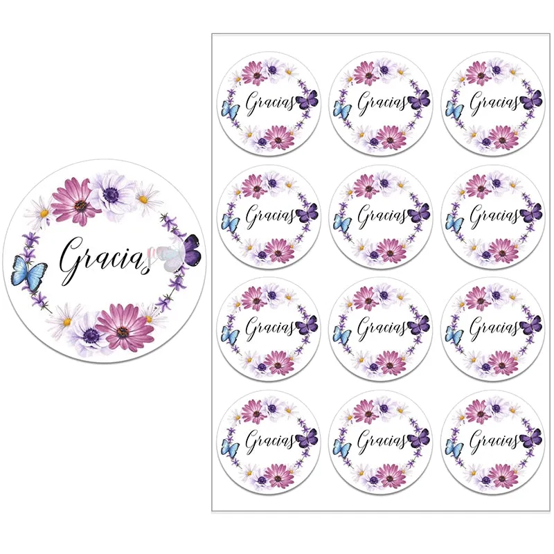 Español Thank You Gracias Floral Frame Sticker Self-adhesive Seal Label Party Christmas Wedding Thanksgiving Sticker Decoration