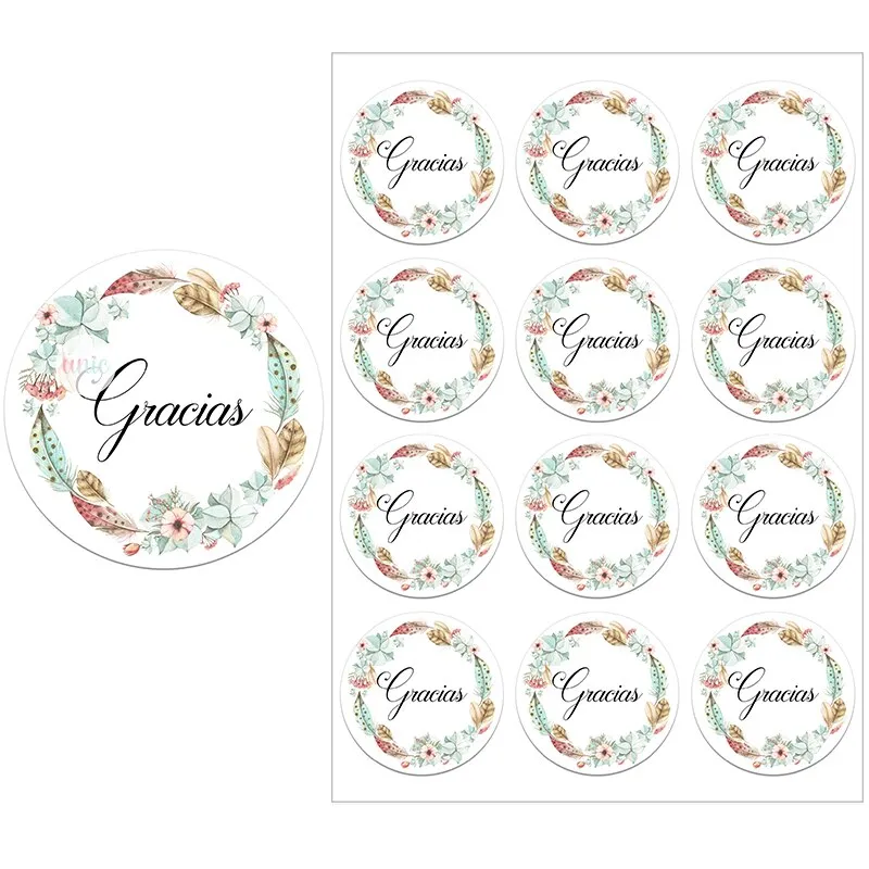 Español Thank You Gracias Floral Frame Sticker Self-adhesive Seal Label Party Christmas Wedding Thanksgiving Sticker Decoration