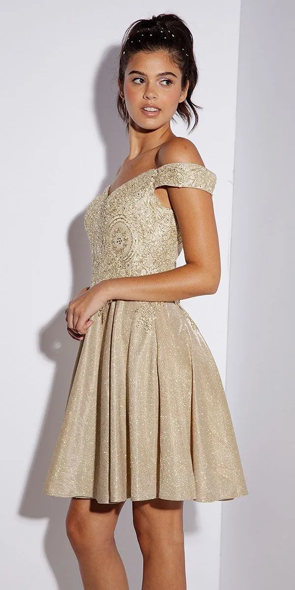 Eureka Fashion 9366 Short Off the Shoulder Shimmer Jersey A-line Dress