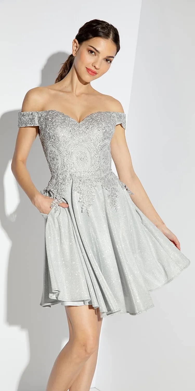 Eureka Fashion 9366 Short Off the Shoulder Shimmer Jersey A-line Dress