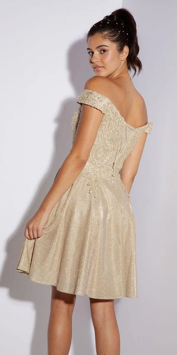 Eureka Fashion 9366 Short Off the Shoulder Shimmer Jersey A-line Dress