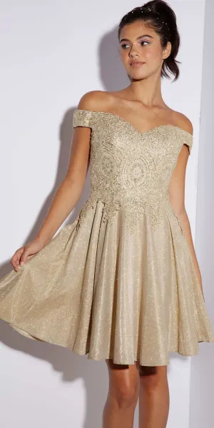 Eureka Fashion 9366 Short Off the Shoulder Shimmer Jersey A-line Dress