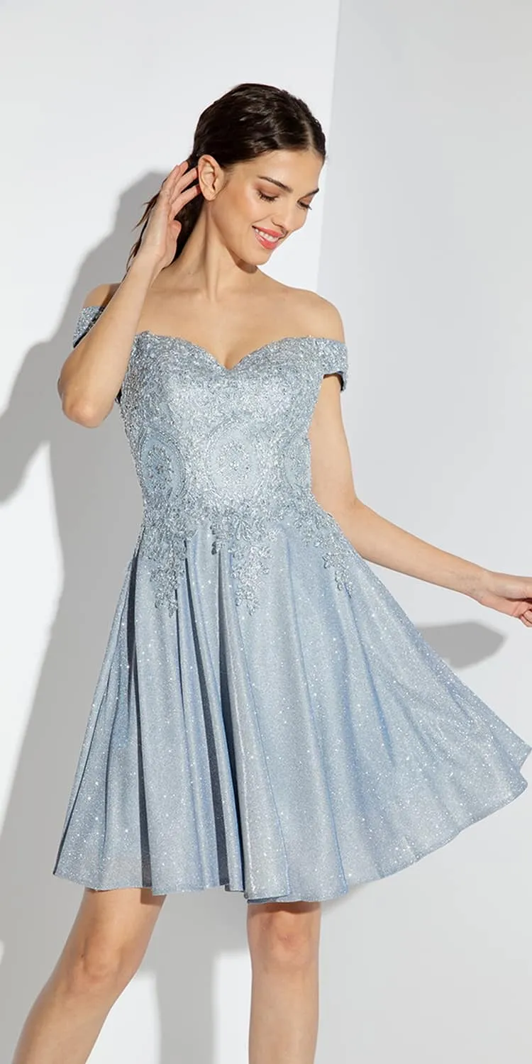 Eureka Fashion 9366 Short Off the Shoulder Shimmer Jersey A-line Dress