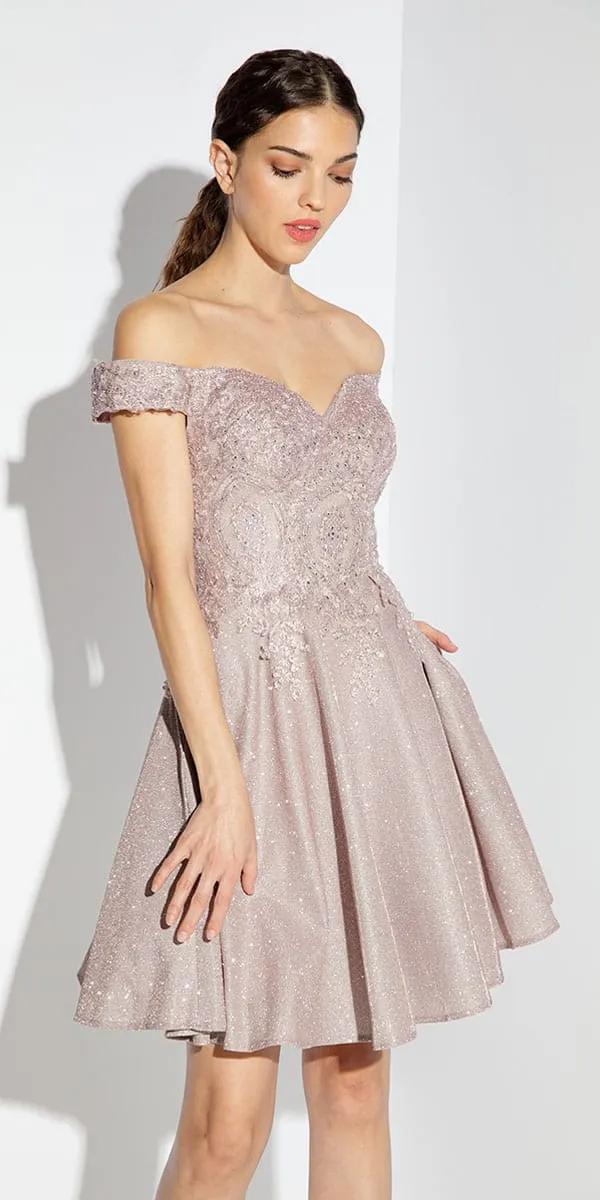 Eureka Fashion 9366 Short Off the Shoulder Shimmer Jersey A-line Dress