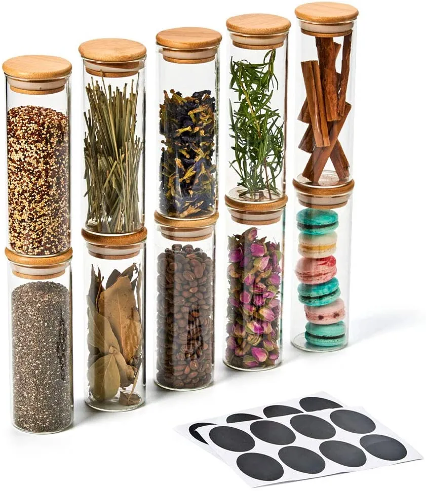 EZOWare 10 Piece Clear Glass Jar Set, Small Air Tight Canister Storage Containers with Natural Bamboo Lids and Chalkboard Labels for Kitchen, Bathroom, Home Decor, Party Favors (300ML)