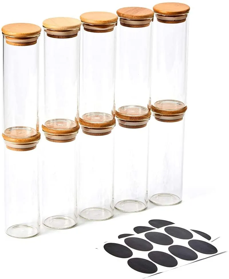EZOWare 10 Piece Clear Glass Jar Set, Small Air Tight Canister Storage Containers with Natural Bamboo Lids and Chalkboard Labels for Kitchen, Bathroom, Home Decor, Party Favors (300ML)