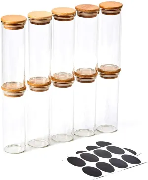 EZOWare 10 Piece Clear Glass Jar Set, Small Air Tight Canister Storage Containers with Natural Bamboo Lids and Chalkboard Labels for Kitchen, Bathroom, Home Decor, Party Favors (300ML)